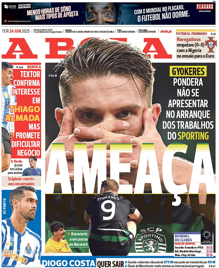 Capa do Jornal A Bola